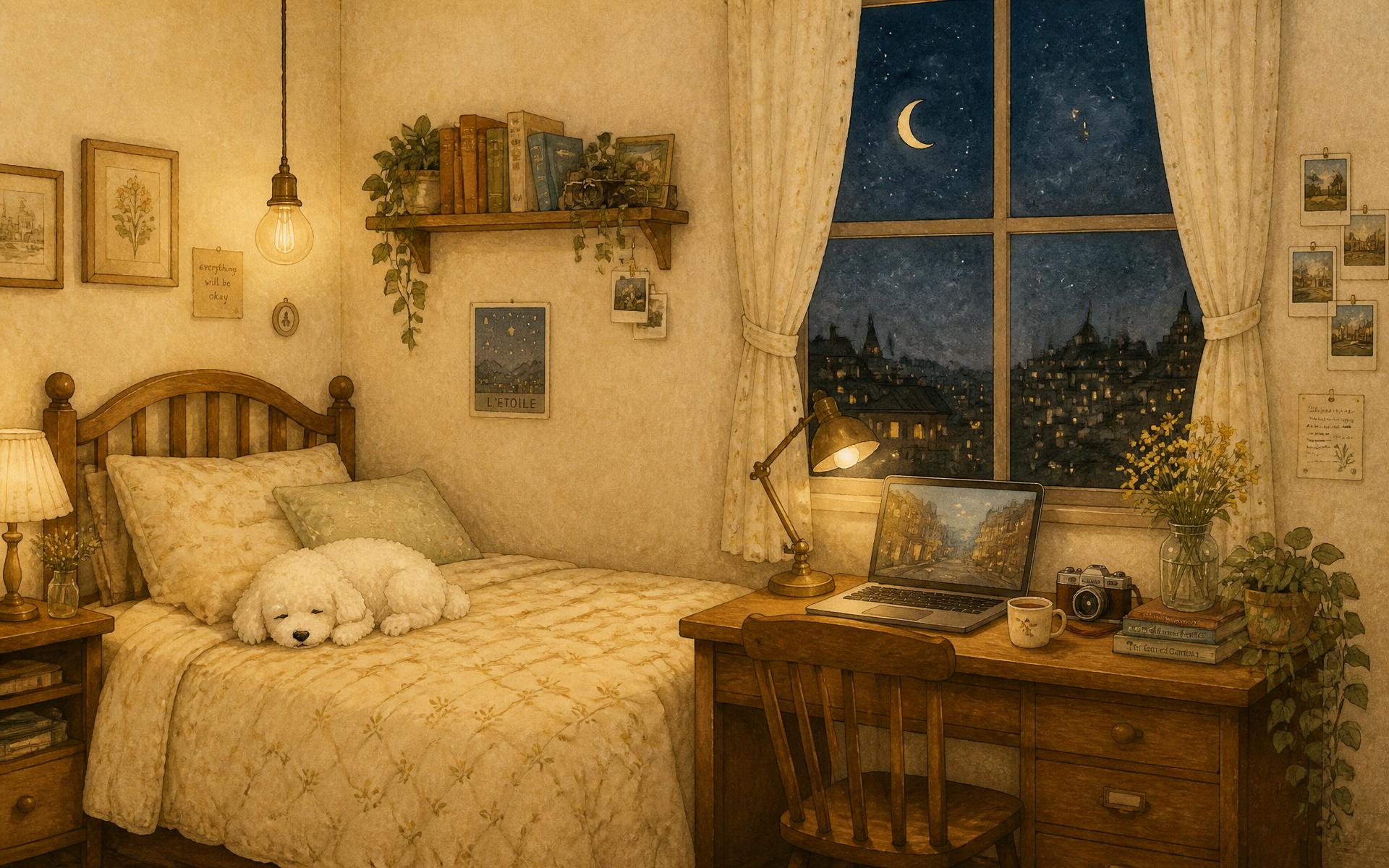 Illustrated bedroom with a framed picture, bookshelf, bed, desk lamp, laptop, and window at night.